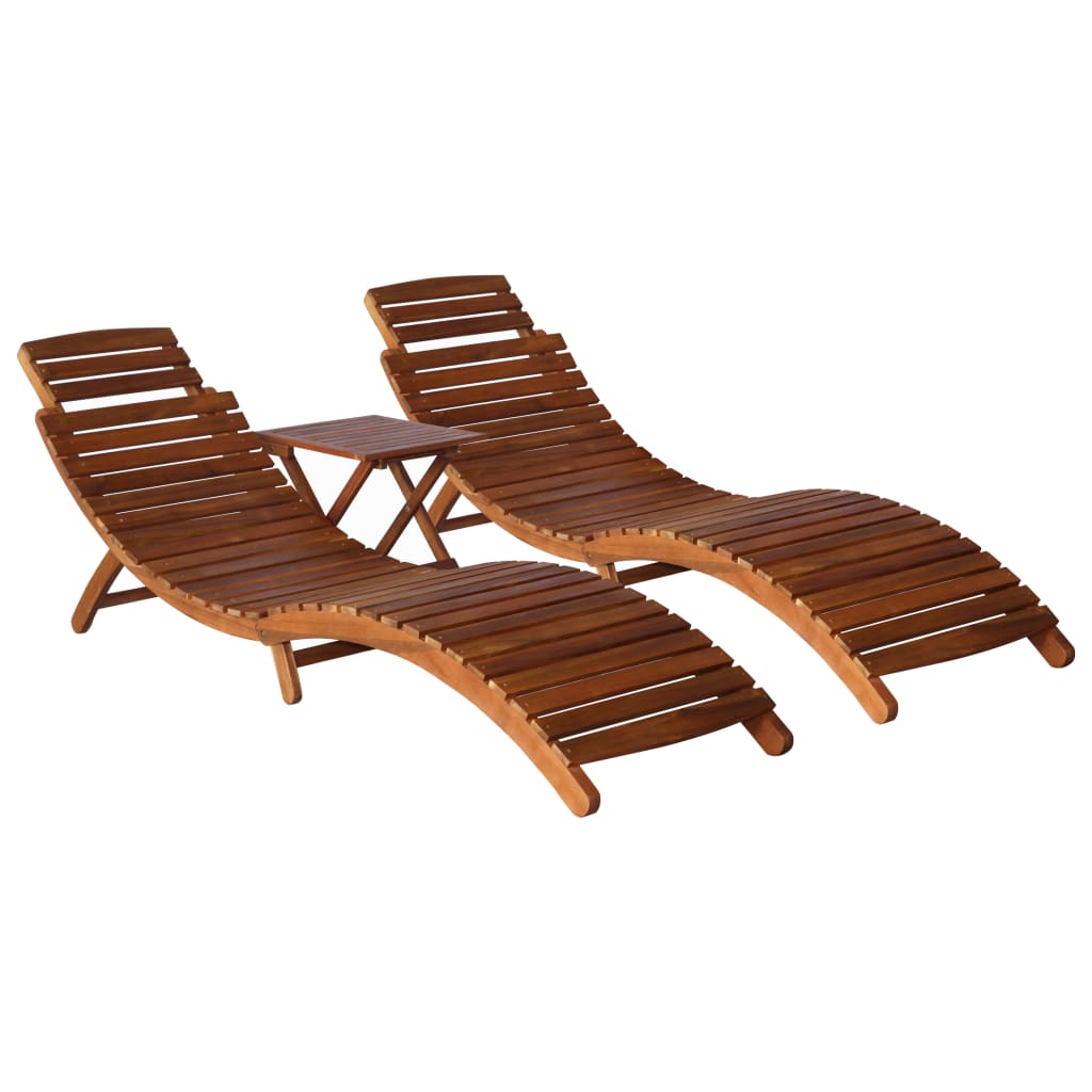 Solid Acacia Wood 3-Piece Sunlounger Set with Tea Table