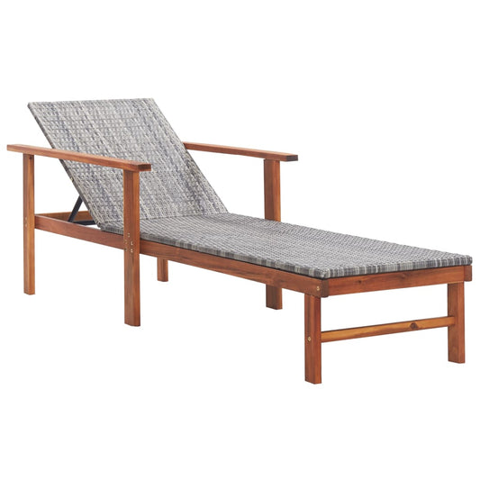 Grey Poly Rattan & Acacia Wood Sun Lounger - Stylish Outdoor Relaxation