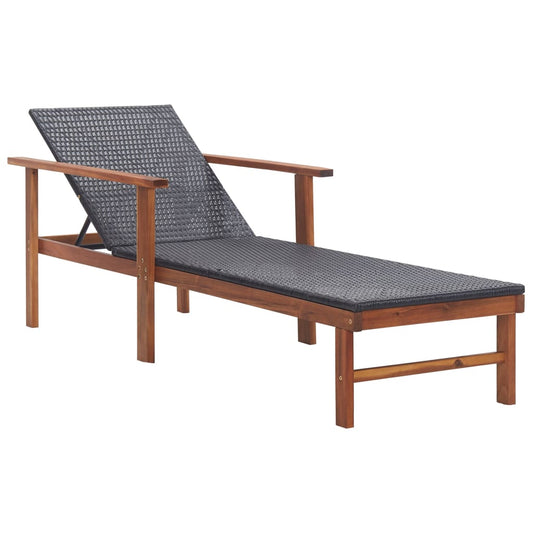 Elegant Black Sun Lounger | Poly Rattan & Acacia Wood Design