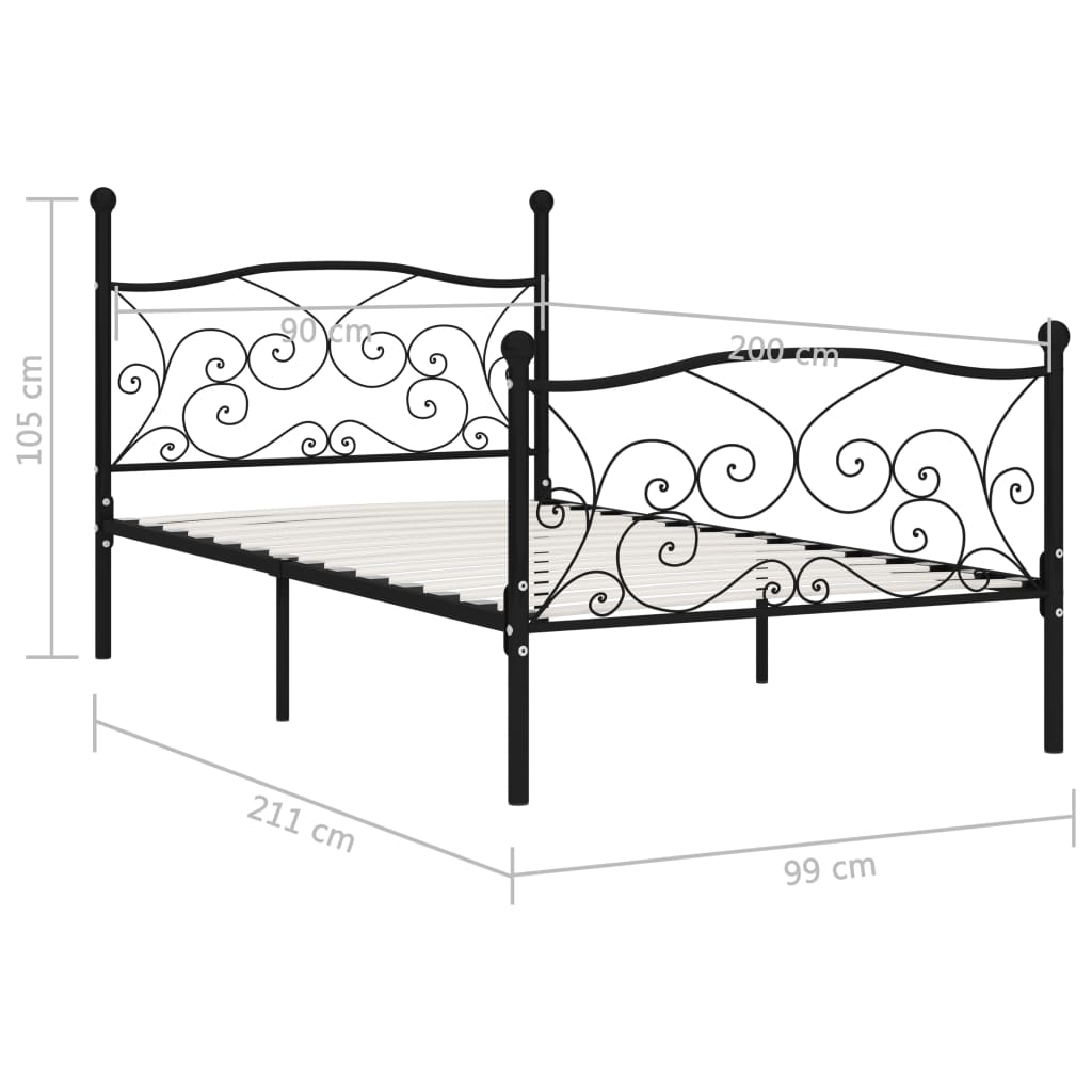 Black Metal Bed Frame with Slatted Base 90x200 cm - No Mattress