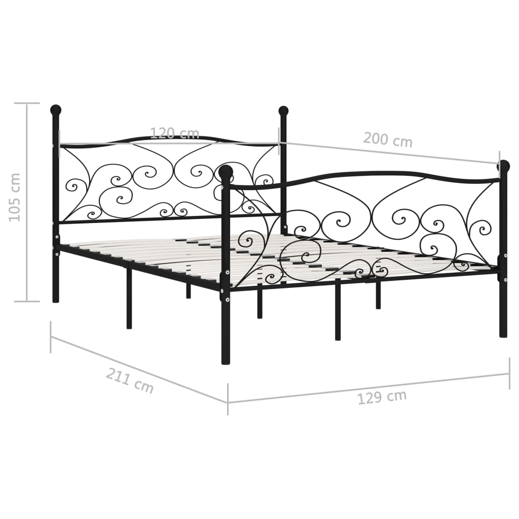 Black Metal Bed Frame with Slatted Base, 120x200 cm
