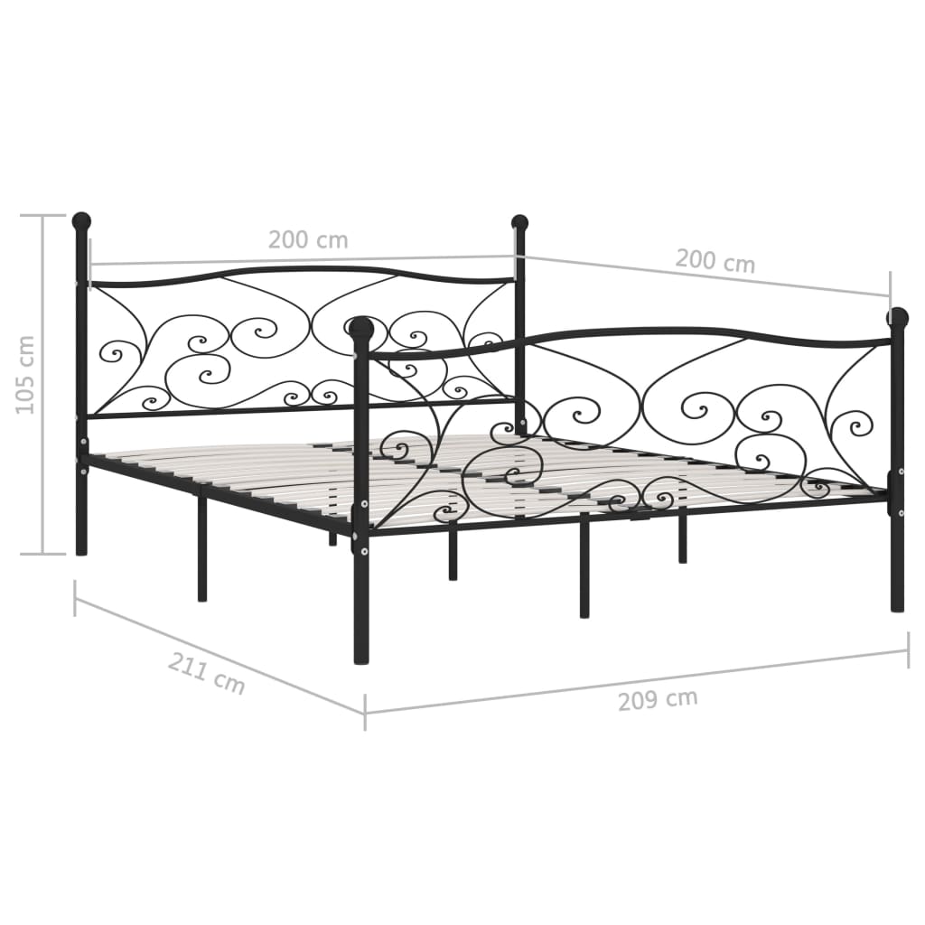 Black Metal Bed Frame 200x200 cm with Slatted Base - No Mattress
