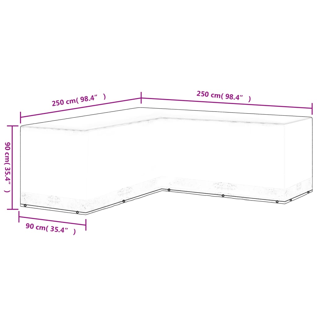 Weatherproof L-Shaped Garden Furniture Cover, 12 Eyelets, 250x90x90 cm