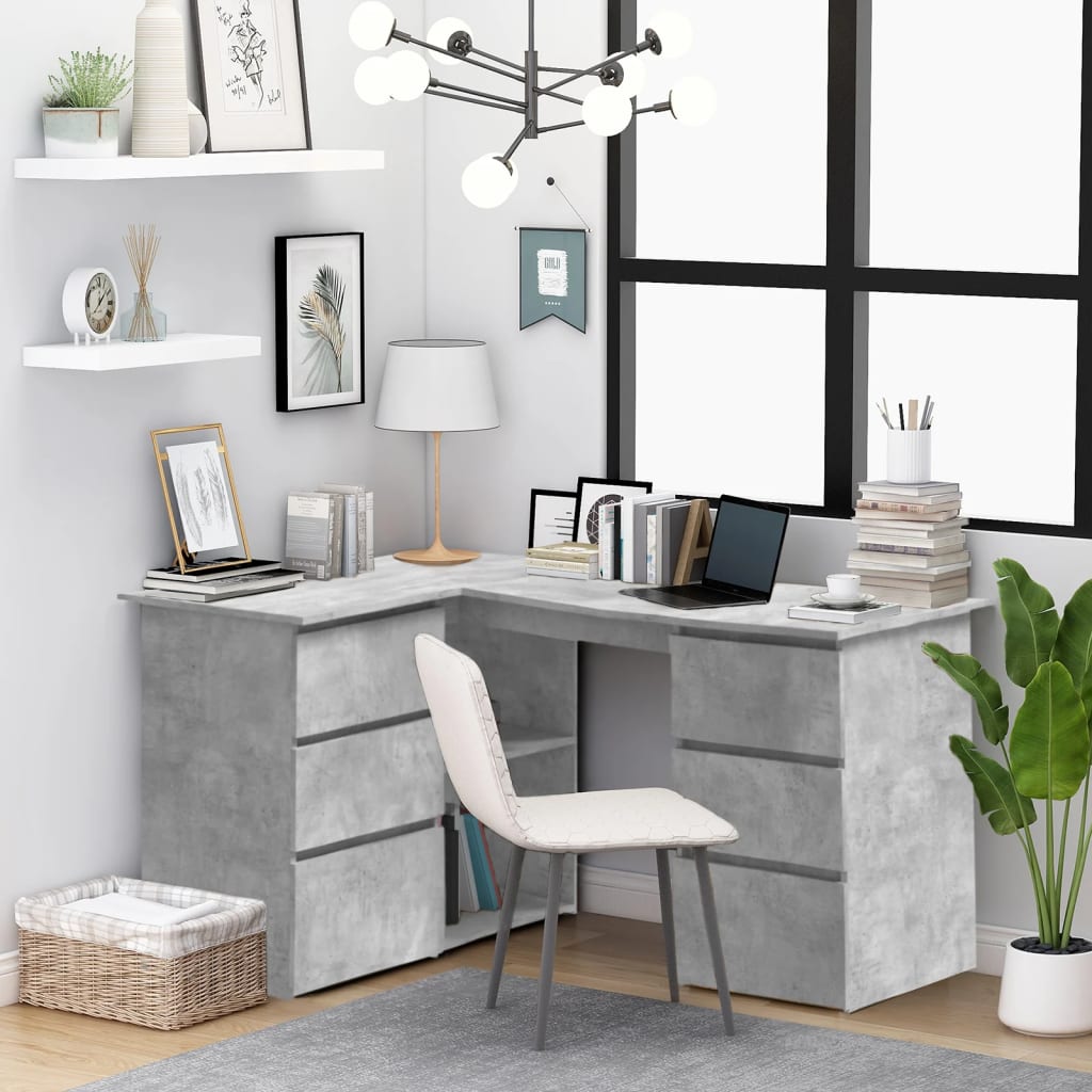 Stylish Concrete Grey Corner Desk, Engineered Wood, 145x100x76 cm