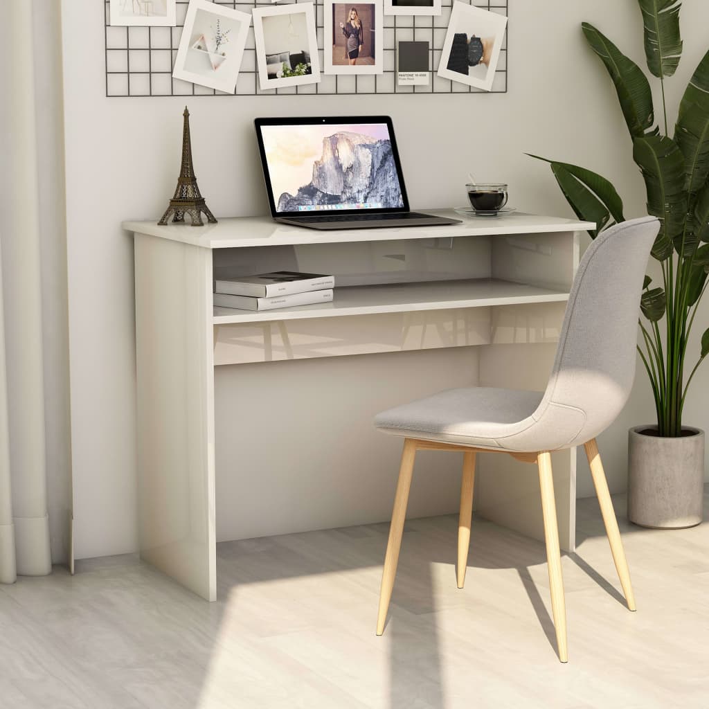 Sleek Engineered Wood Desk - High Gloss White, 90x50x74 cm