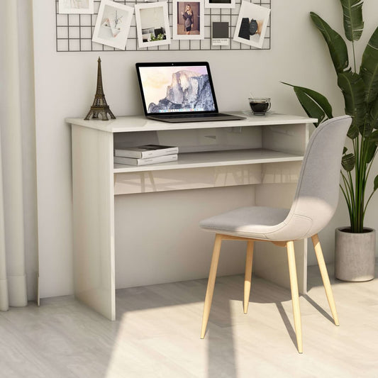 Sleek Engineered Wood Desk - High Gloss White, 90x50x74 cm