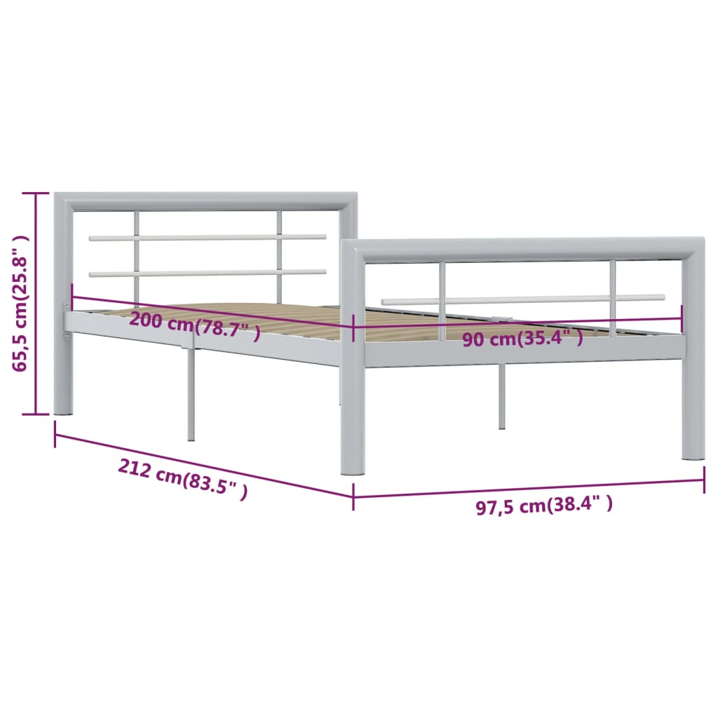 Grey & White Metal Bed Frame 90x200 cm – Stylish & Sturdy Design