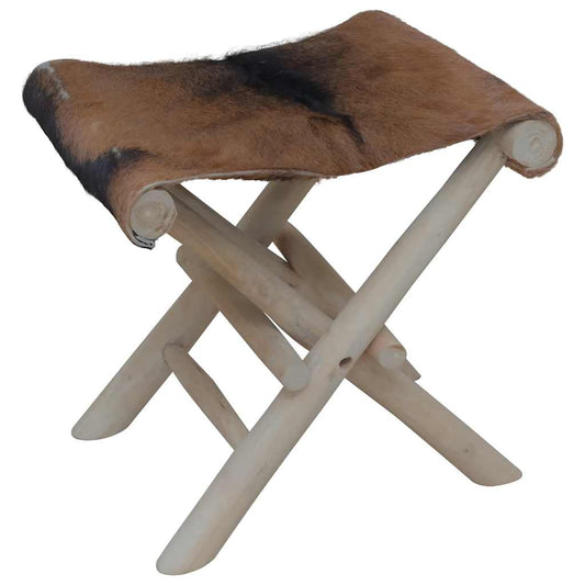 Luxury Folding Stool: Real Leather & Solid Teak Wood Design
