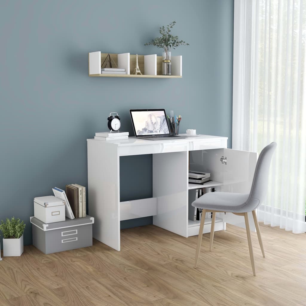 Sleek High Gloss White Desk, 100x50x76 cm, Engineered Wood