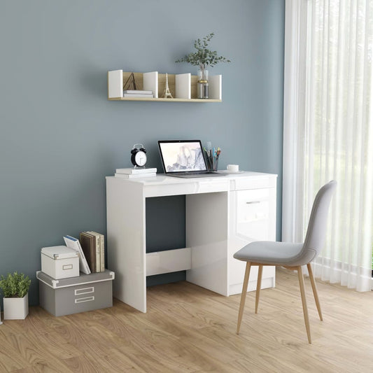 Sleek High Gloss White Desk, 100x50x76 cm, Engineered Wood