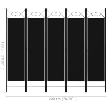 Elegant Black 5-Panel Room Divider, Fabric, 200x180 cm