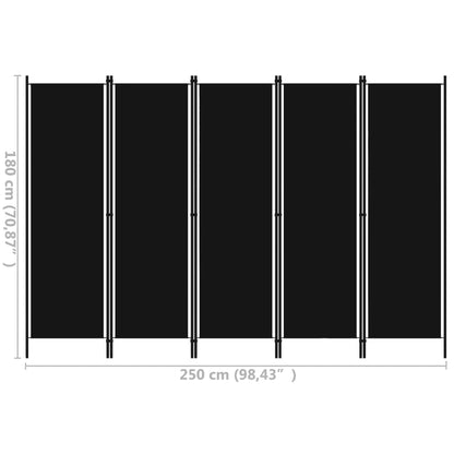 5-Panel Room Divider, Black Fabric, 250x180 cm