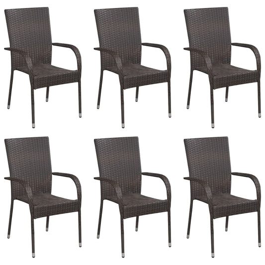 Set of 6 Stackable Poly Rattan Outdoor Chairs - Brown