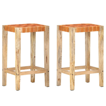 Set of 2 Brown Real Leather Bar Stools - 75 cm Height