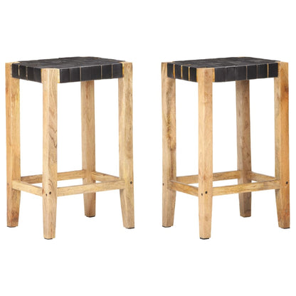 Black Real Leather Bar Stools Set of 2, 75 cm