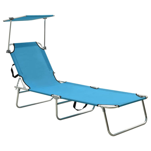 Blue Aluminium Folding Sun Lounger with Canopy Adjustable Chair