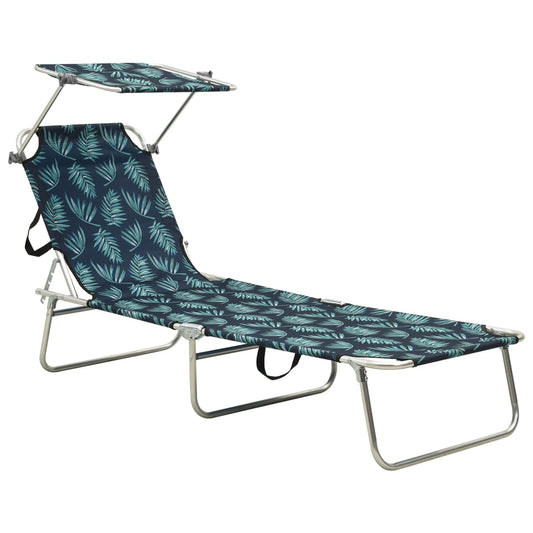 Leaf Print Folding Sun Lounger with Canopy - Aluminum Frame