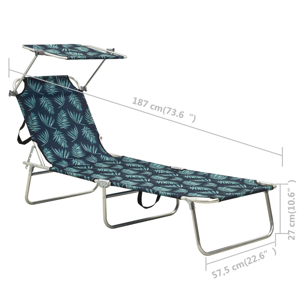 Leaf Print Folding Sun Lounger with Canopy - Aluminum Frame