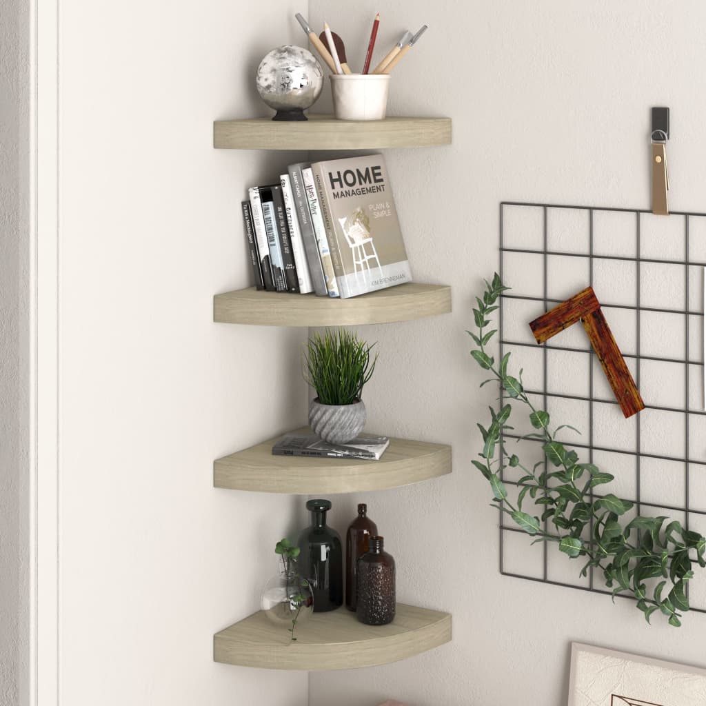 Oak Floating Corner Shelves - Set of 4, 25x25 cm MDF