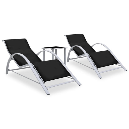 Black Aluminium Sun Loungers Set with Table - 2 Pcs