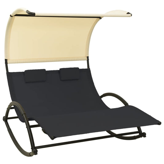 Elegant Black & Cream Double Sun Lounger with Canopy - Textilene Material