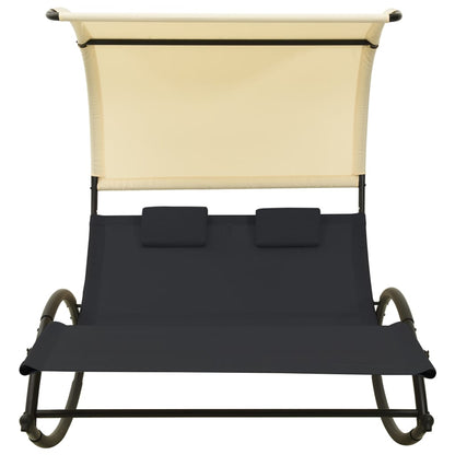 Elegant Black & Cream Double Sun Lounger with Canopy - Textilene Material