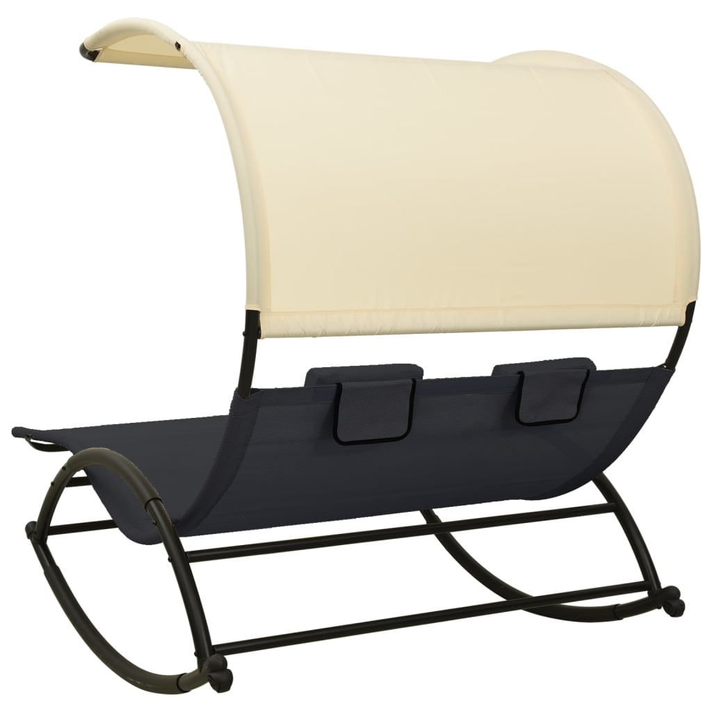 Elegant Black & Cream Double Sun Lounger with Canopy - Textilene Material