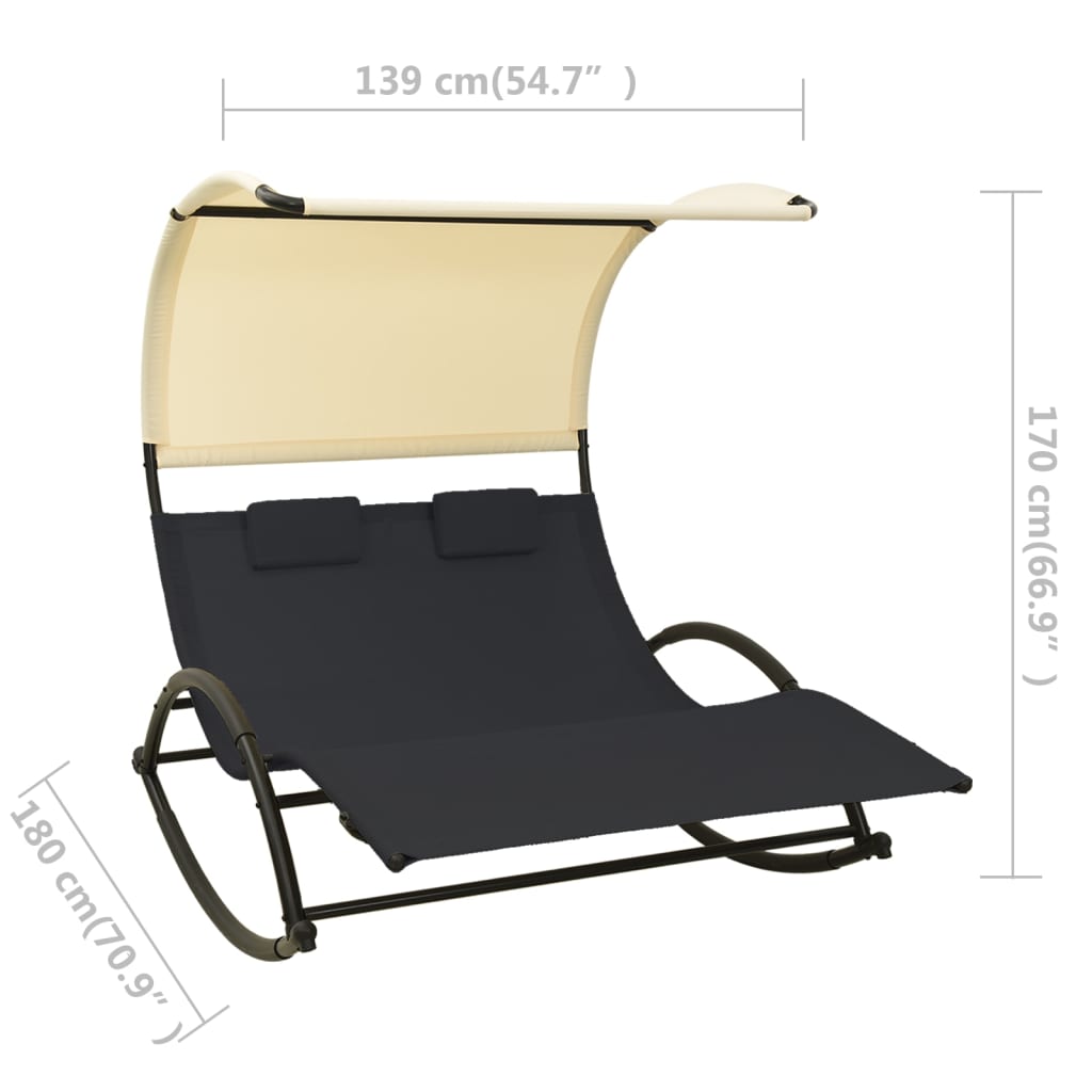 Elegant Black & Cream Double Sun Lounger with Canopy - Textilene Material