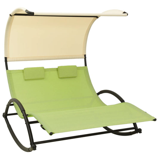 Double Sun Lounger with Canopy - Green & Cream Textilene Patio Chair