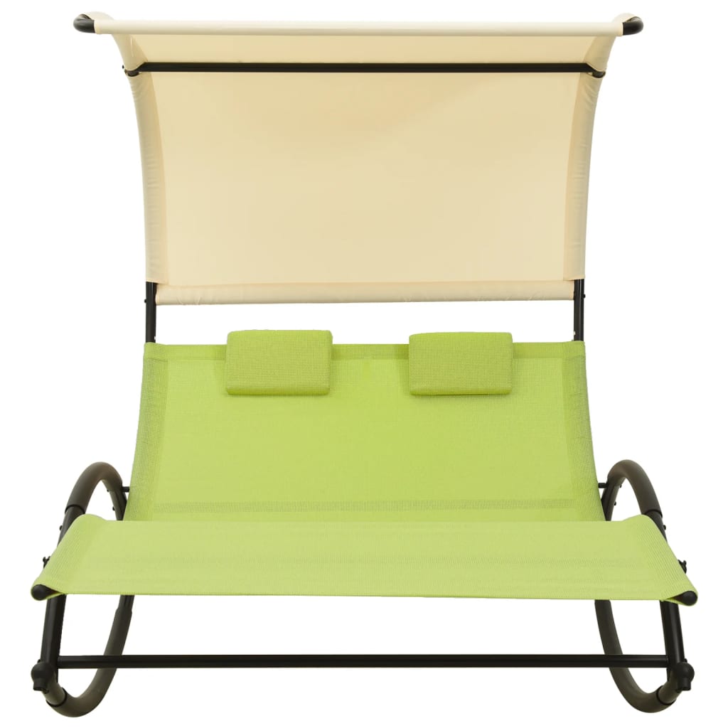 Double Sun Lounger with Canopy - Green & Cream Textilene Patio Chair