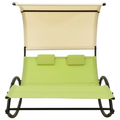Double Sun Lounger with Canopy - Green & Cream Textilene Patio Chair