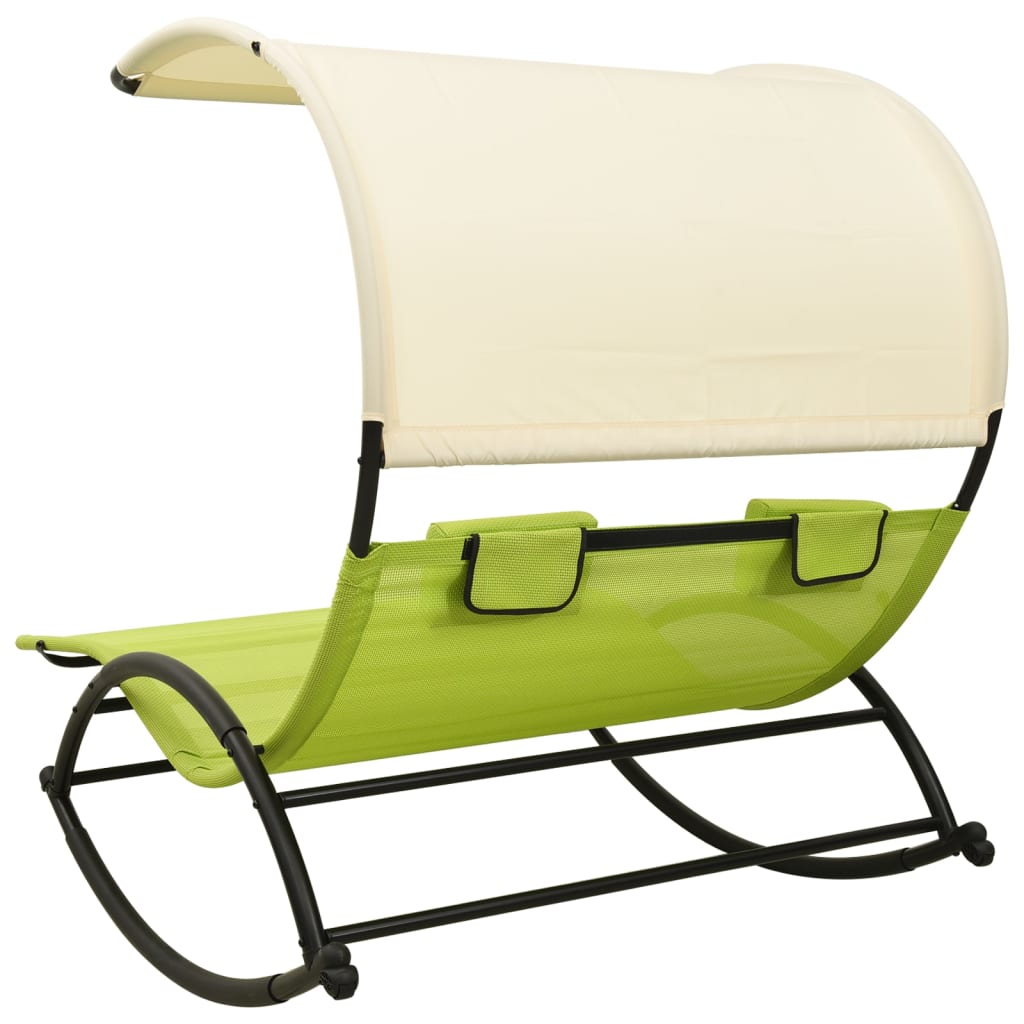 Double Sun Lounger with Canopy - Green & Cream Textilene Patio Chair