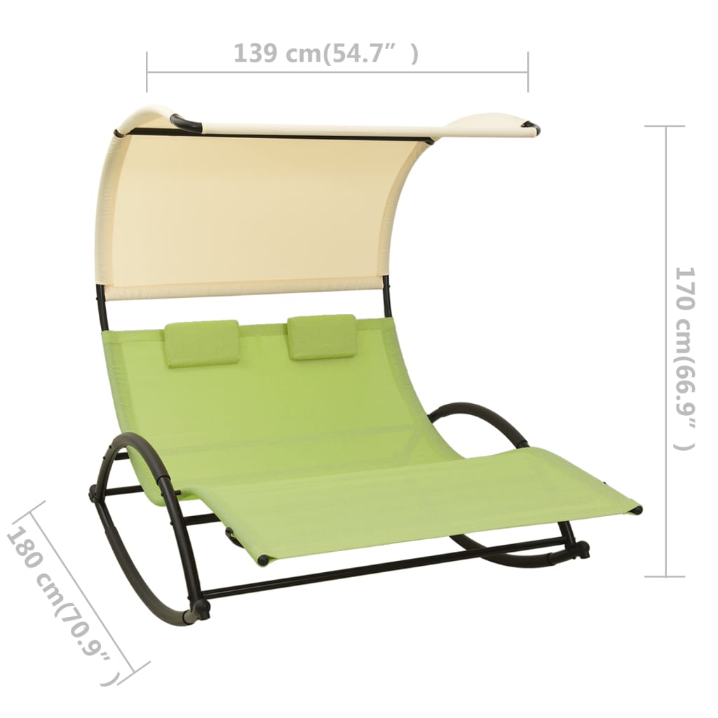 Double Sun Lounger with Canopy - Green & Cream Textilene Patio Chair