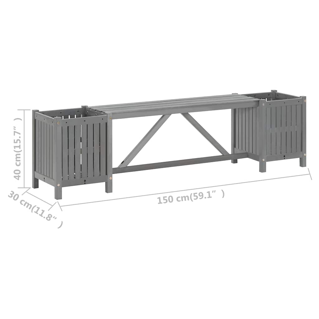 Solid Acacia Wood Grey Garden Bench with 2 Planters, 150cm