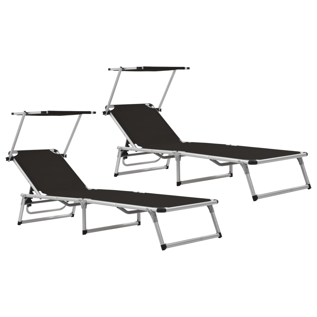 Black Aluminium Folding Sun Loungers 2-Pack with Roof Shelter