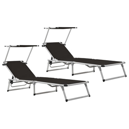 Black Aluminium Folding Sun Loungers 2-Pack with Roof Shelter