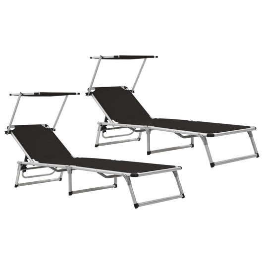 Black Aluminium Folding Sun Loungers 2-Pack with Roof Shelter