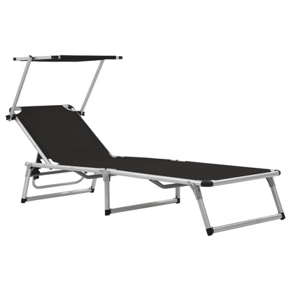 Black Aluminium Folding Sun Loungers 2-Pack with Roof Shelter
