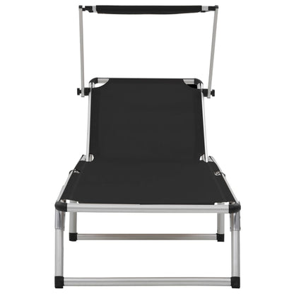 Black Aluminium Folding Sun Loungers 2-Pack with Roof Shelter
