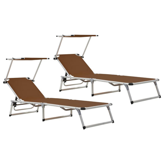 Brown Folding Sun Loungers with Roof - 2 Pcs, Aluminum & Textilene