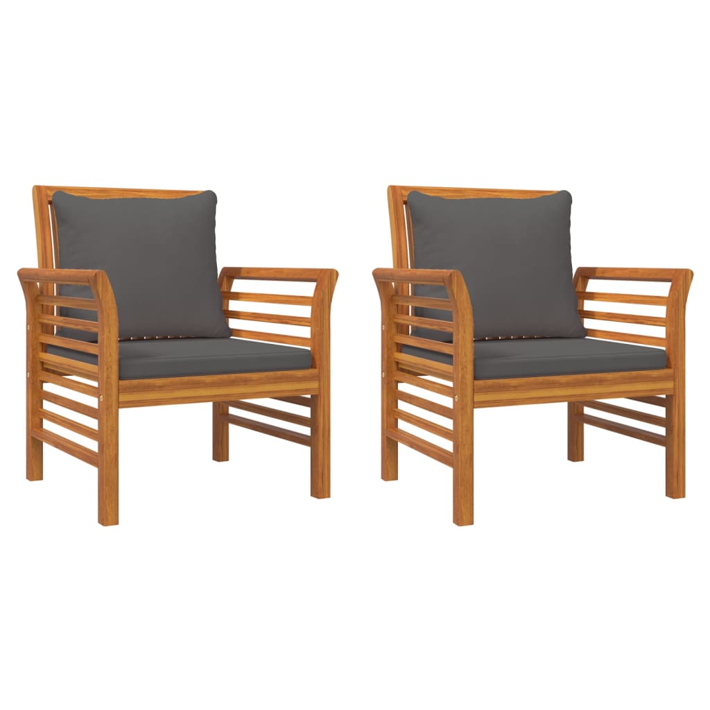 Solid Wood Acacia Sofa Chairs Set, Dark Grey Cushions, 2 pcs