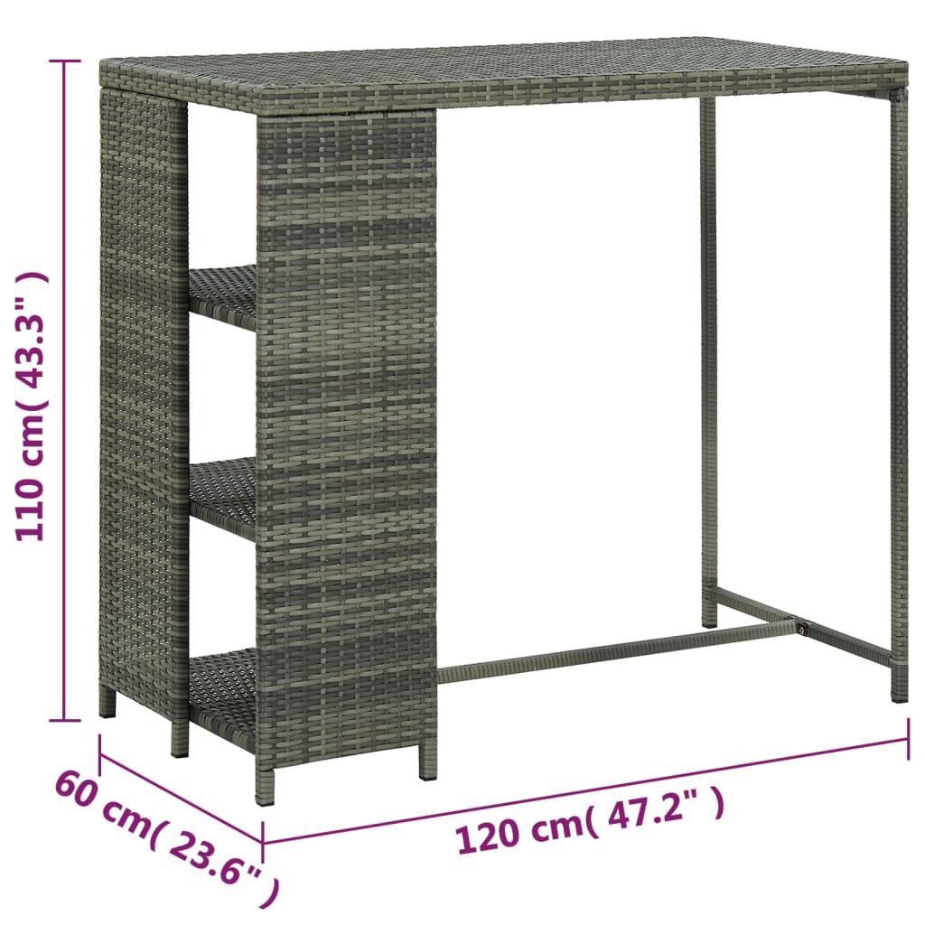 Grey Poly Rattan Bar Table with Storage Rack 120x60x110 cm