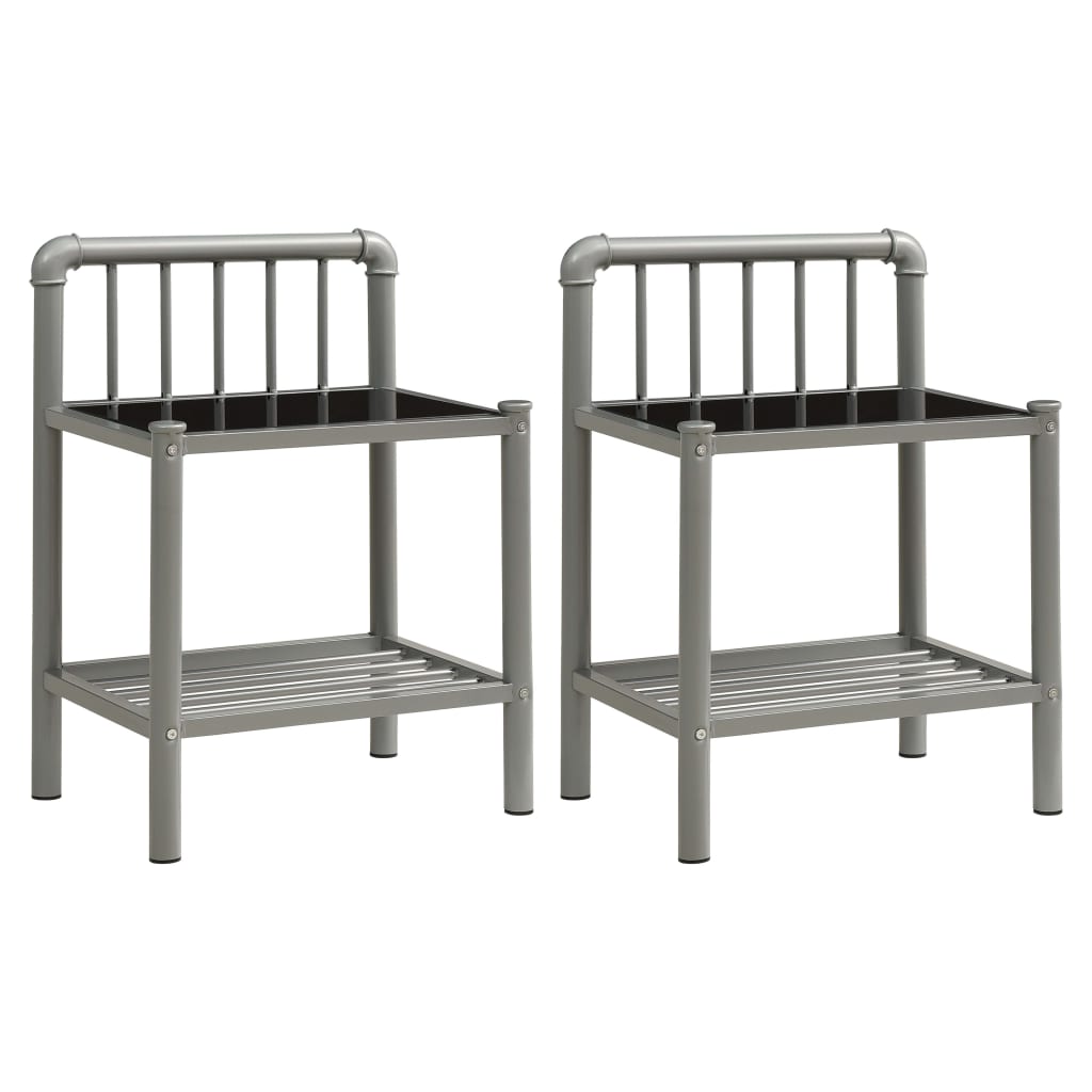 Sleek Grey & Black Metal Glass Bedside Cabinets Set - 2 Pieces