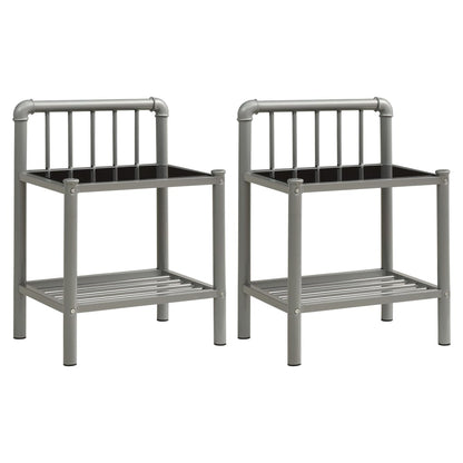 Sleek Grey & Black Metal Glass Bedside Cabinets Set - 2 Pieces