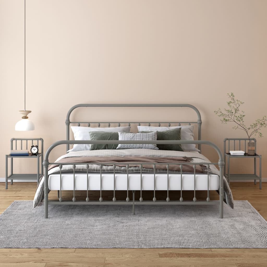 Sleek Grey & Black Metal Glass Bedside Cabinets Set - 2 Pieces