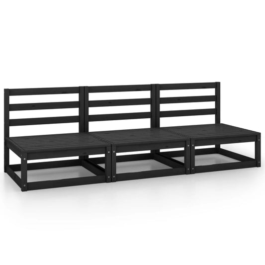 Black Solid Wood Pine 3-Piece Garden Middle Sofas Set