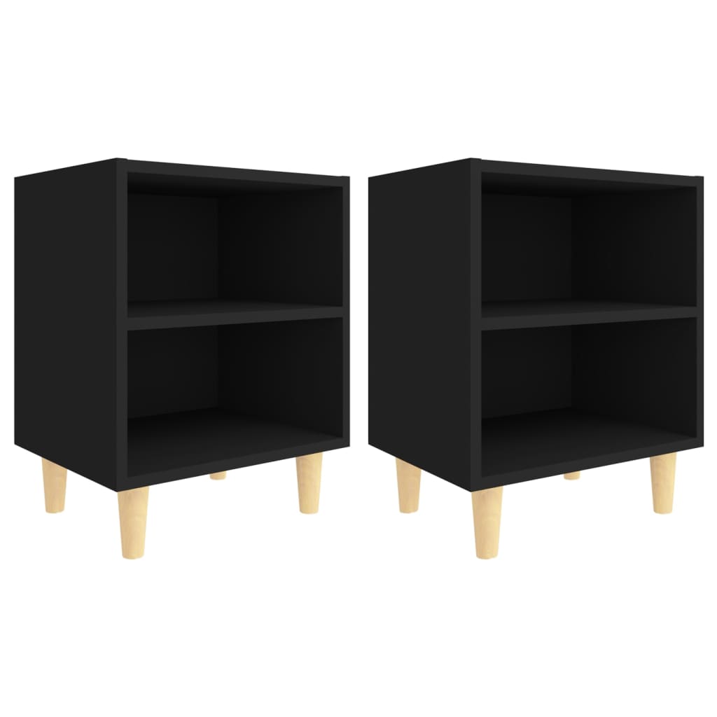 Black Bed Cabinets with Solid Wood Legs, Set of 2, 40x30x50 cm