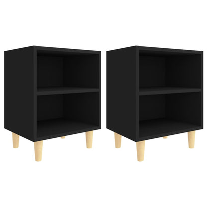 Black Bed Cabinets with Solid Wood Legs, Set of 2, 40x30x50 cm