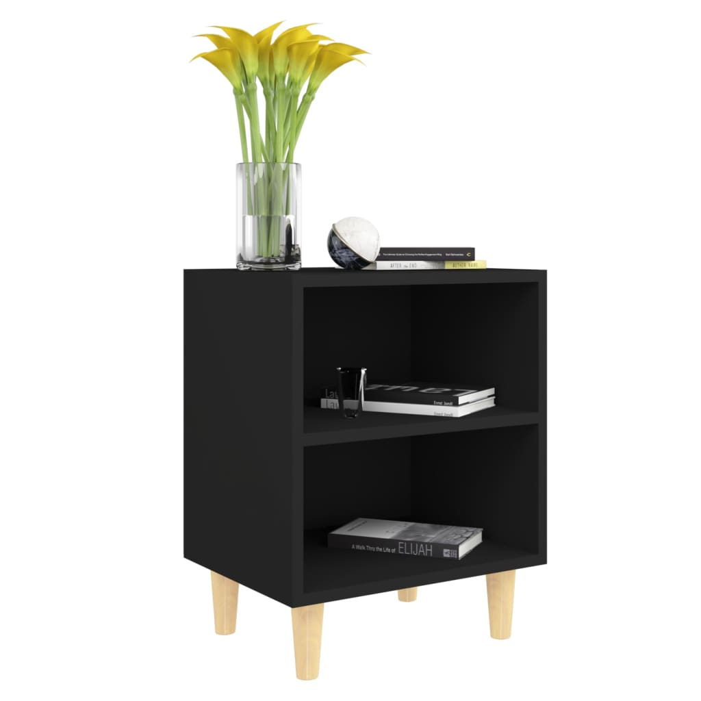 Black Bed Cabinets with Solid Wood Legs, Set of 2, 40x30x50 cm