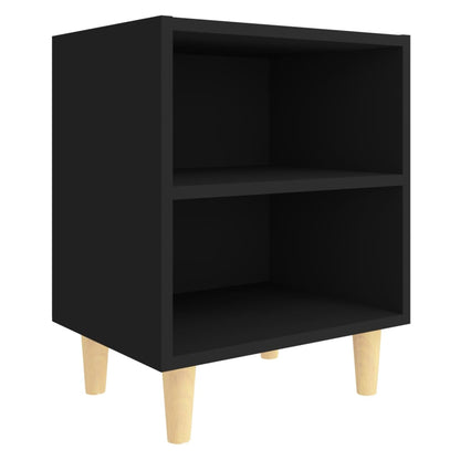 Black Bed Cabinets with Solid Wood Legs, Set of 2, 40x30x50 cm
